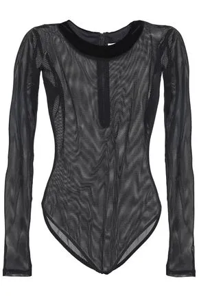 Alix Velvet Trimmed Mesh Bodysuit