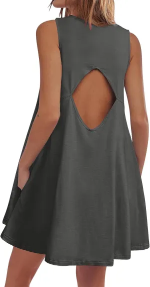 Backless Mini Dress Women 2025 Sleeveless Crewneck Solid Color Loose Summer Casual Sexy Open Back Vacation Outfits