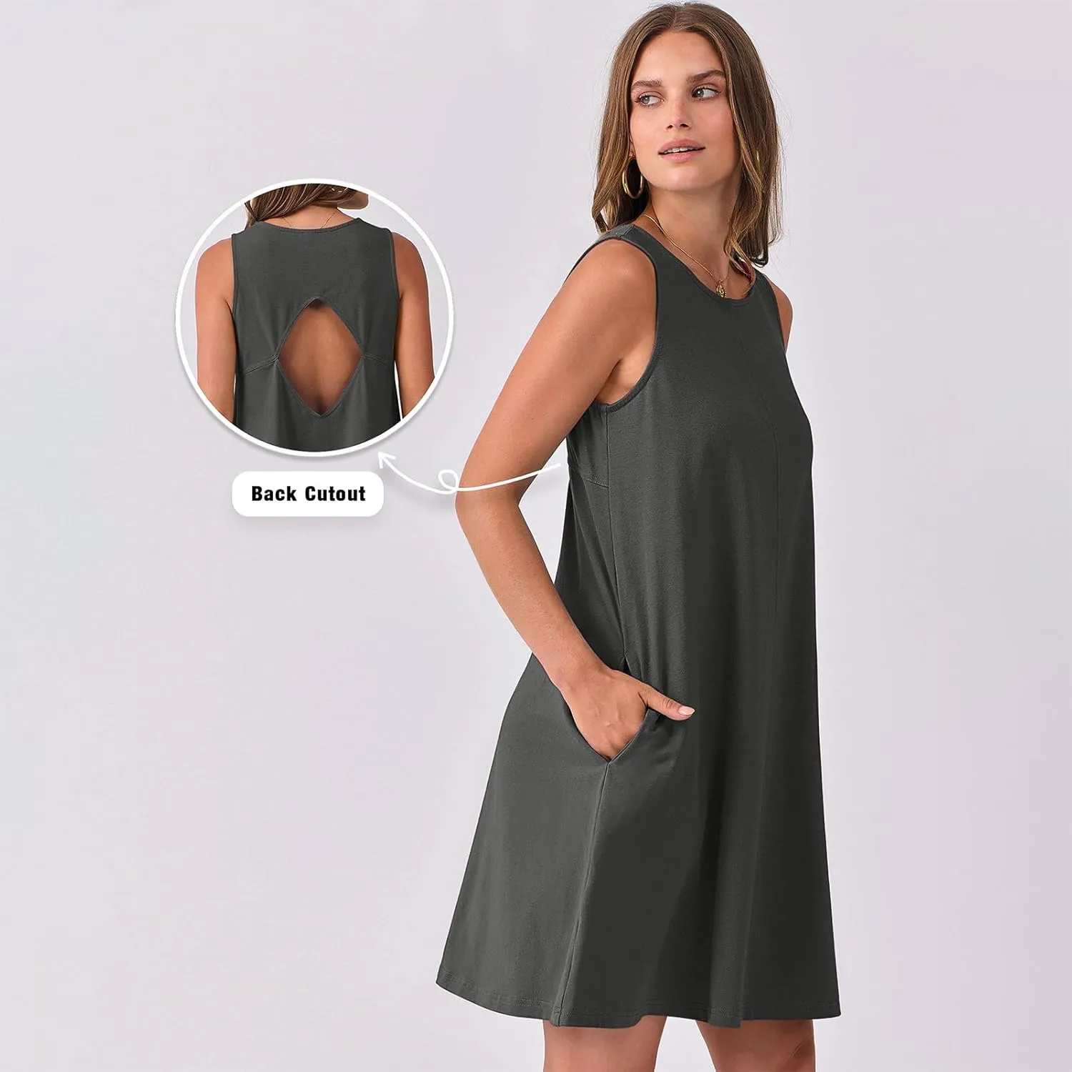 Backless Mini Dress Women 2025 Sleeveless Crewneck Solid Color Loose Summer Casual Sexy Open Back Vacation Outfits
