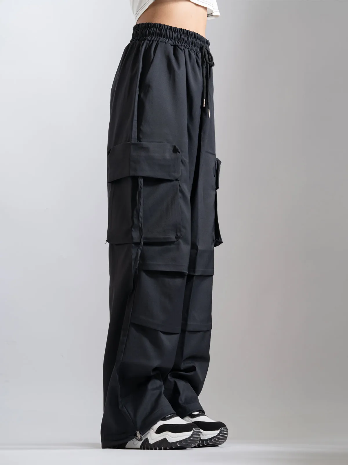Black Cubed Pocket Baggy Parachute Pants