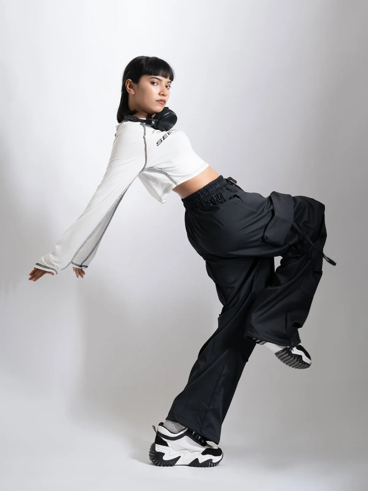 Black Cubed Pocket Baggy Parachute Pants