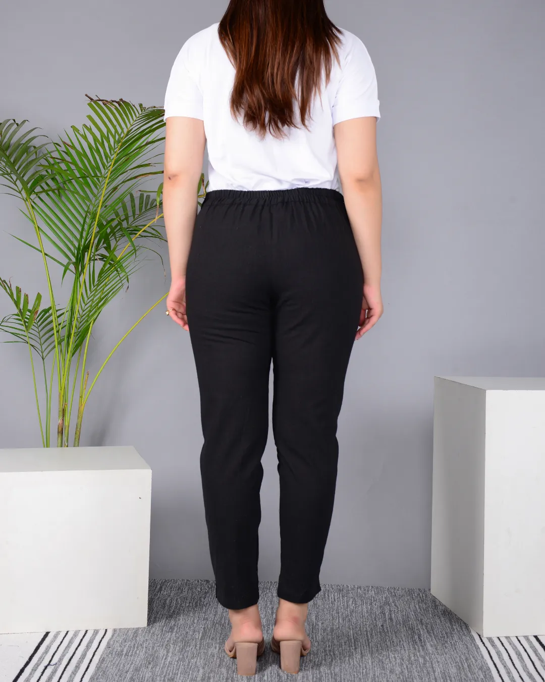 Black Solid Cotton Flex Women Regular Fit Trousers