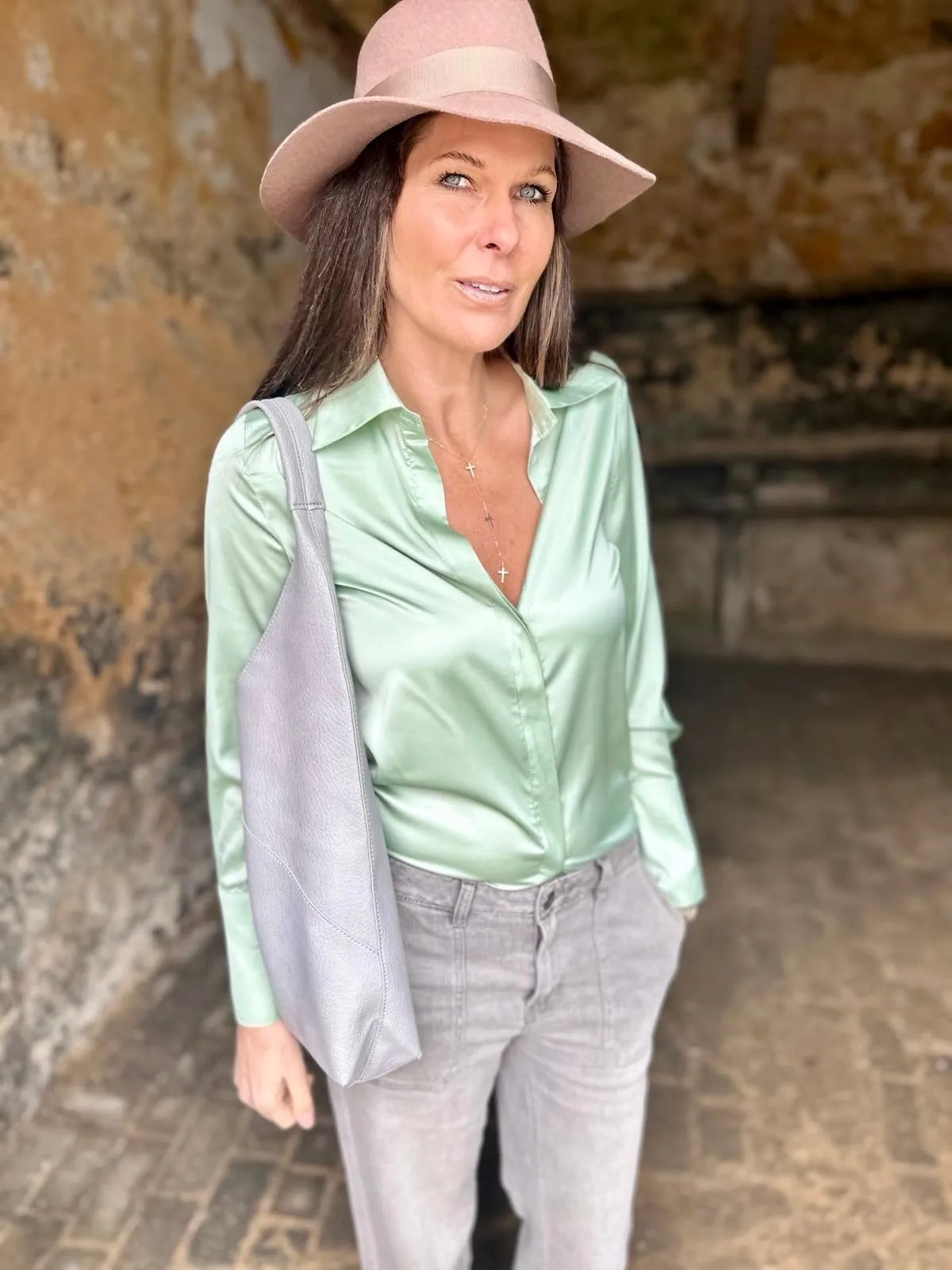 Camille Satin Shirt Sage