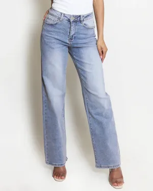 Casual Mid-Rise Belt Pocket Wide Leg Jeans
