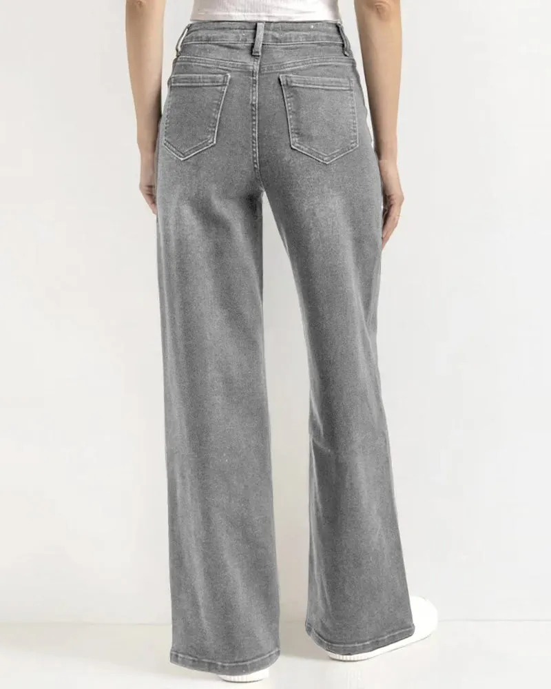 Casual Mid-Rise Belt Pocket Wide Leg Jeans