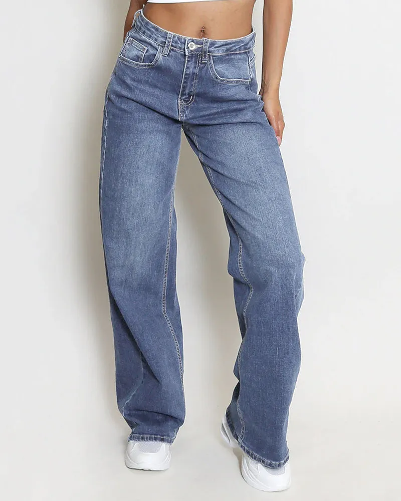 Casual Mid-Rise Belt Pocket Wide Leg Jeans