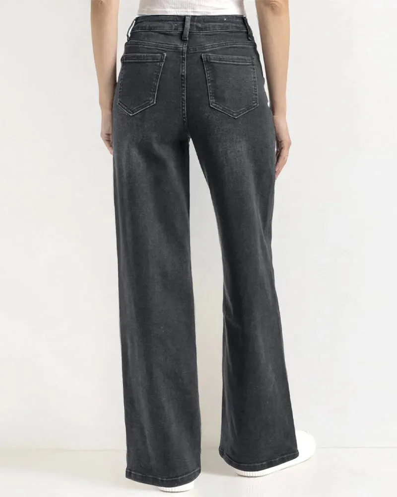Casual Mid-Rise Belt Pocket Wide Leg Jeans