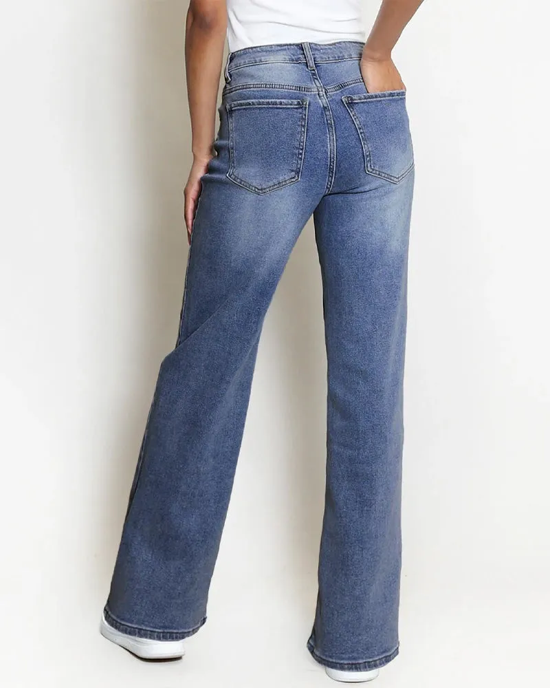 Casual Mid-Rise Belt Pocket Wide Leg Jeans