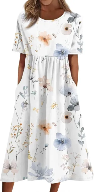 Casual Summer Spring Short Sleeve Midi Dress Trendy Plus Size Smocked Flowy Dress Elegant Formal Vintage Floral Dress