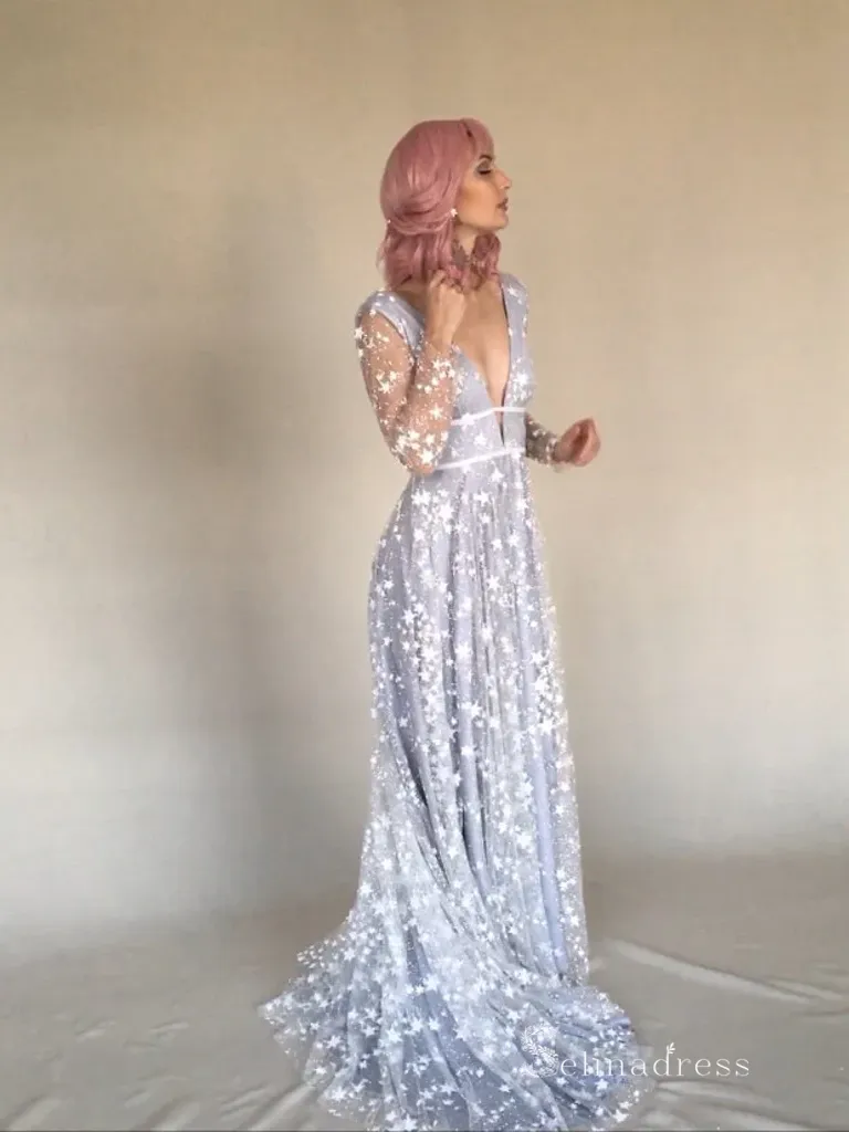 Chic A-line V neck Silver Star Long Sleeve Prom Dress Sparkly Long Evening Gowns MLH0468