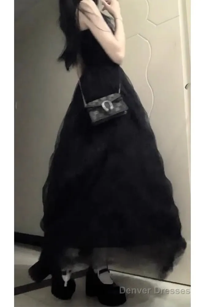 Chic Ball Gown Spaghetti Straps Black Tulle Long Birthday Dresses Birthday Outfits