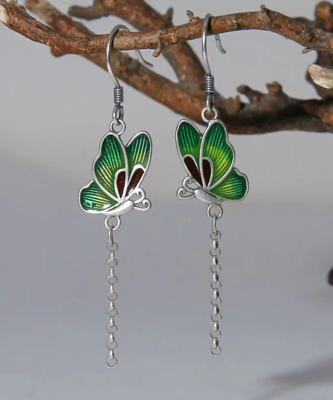 Chic Green Butterfly Patchwork Silver Drop Earrings LY9145