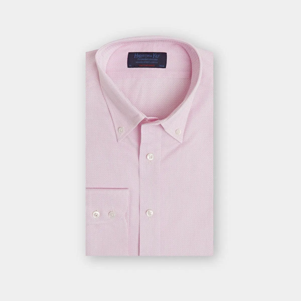 Contemporary Fit, Button Down Collar, 2 Button Cuff Shirt In White With Small Pink Triangles