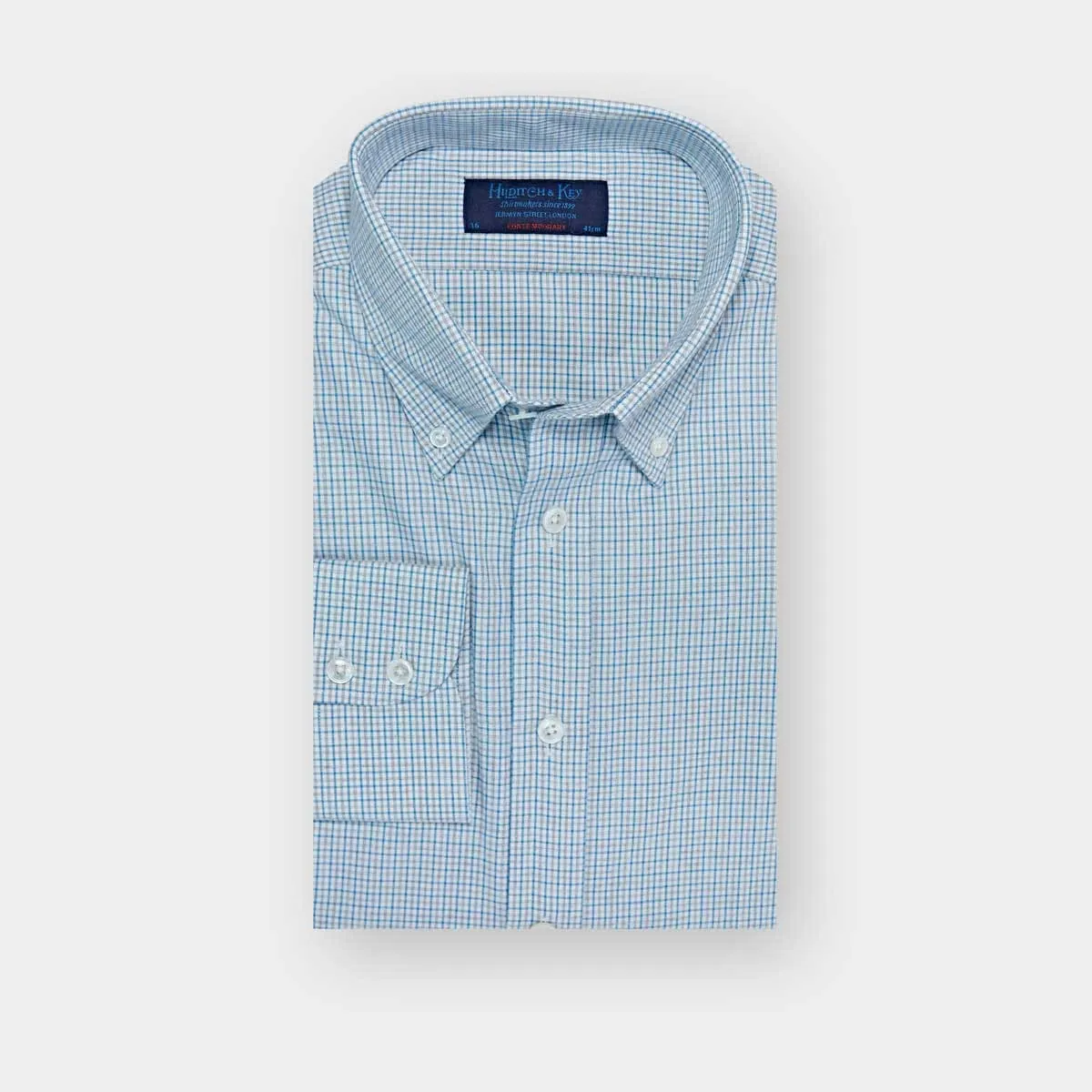 Contemporary Fit Grey & Blue Overcheck Cotton Shirt with Button Down Collar & Two Button Cuff