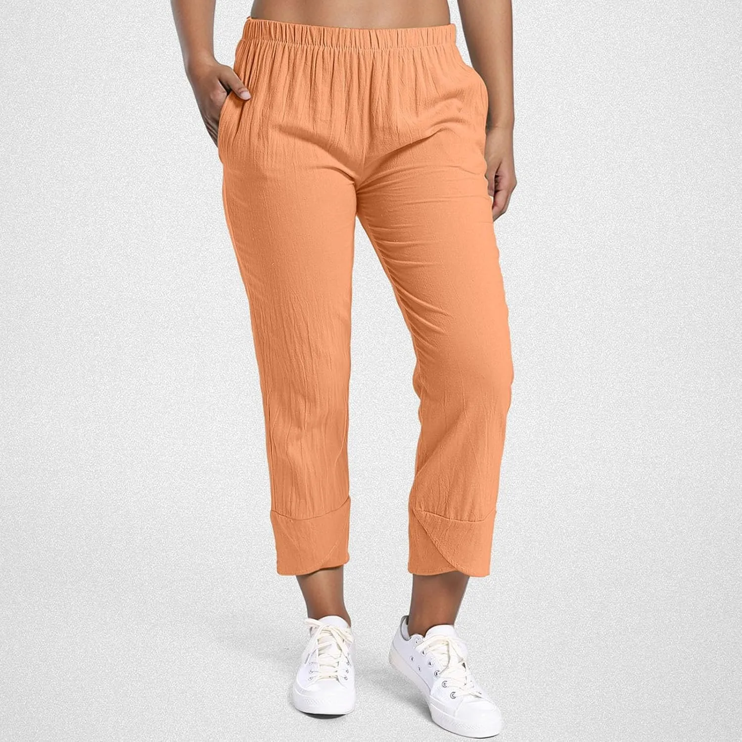 Cotton Linen Pants Women Baggy Harem Summer Casual Elastic Loose Trousers Beach Travel Vacation Pants with Pockets