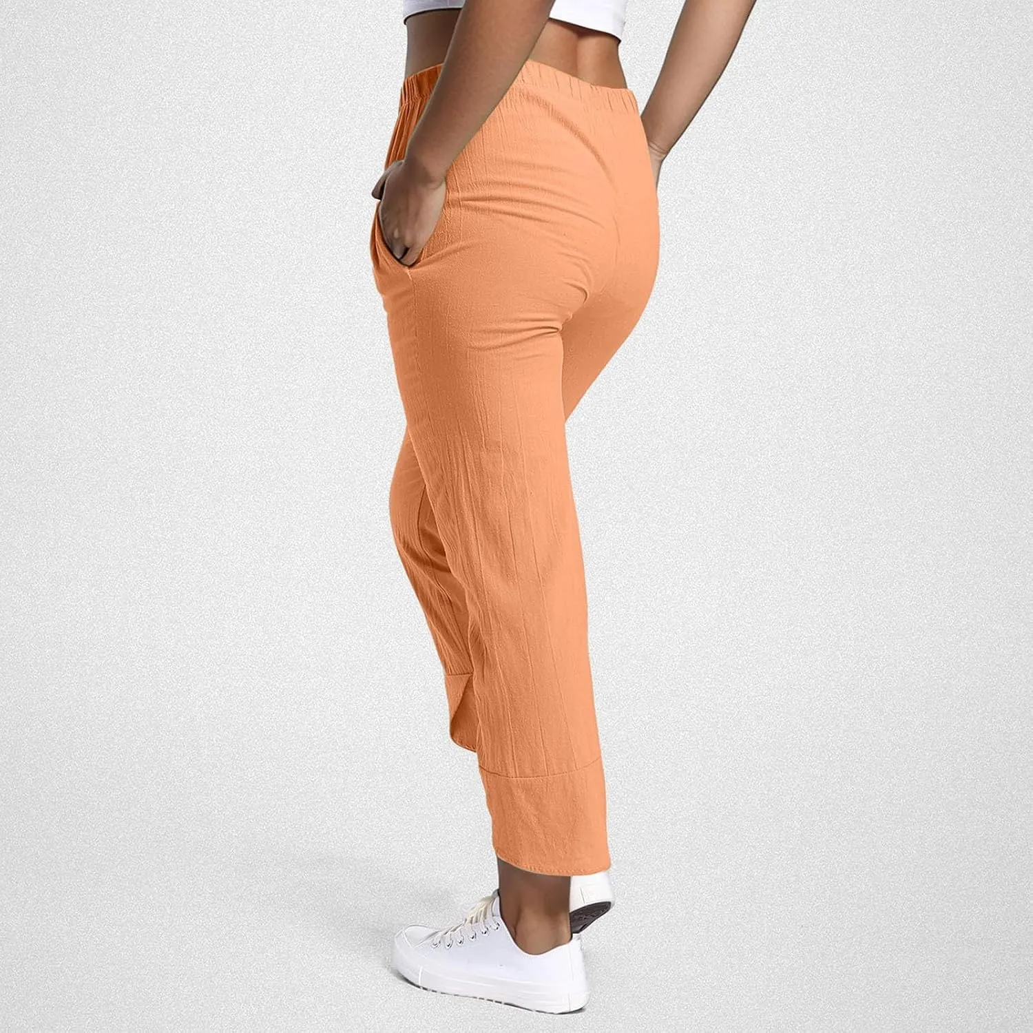 Cotton Linen Pants Women Baggy Harem Summer Casual Elastic Loose Trousers Beach Travel Vacation Pants with Pockets
