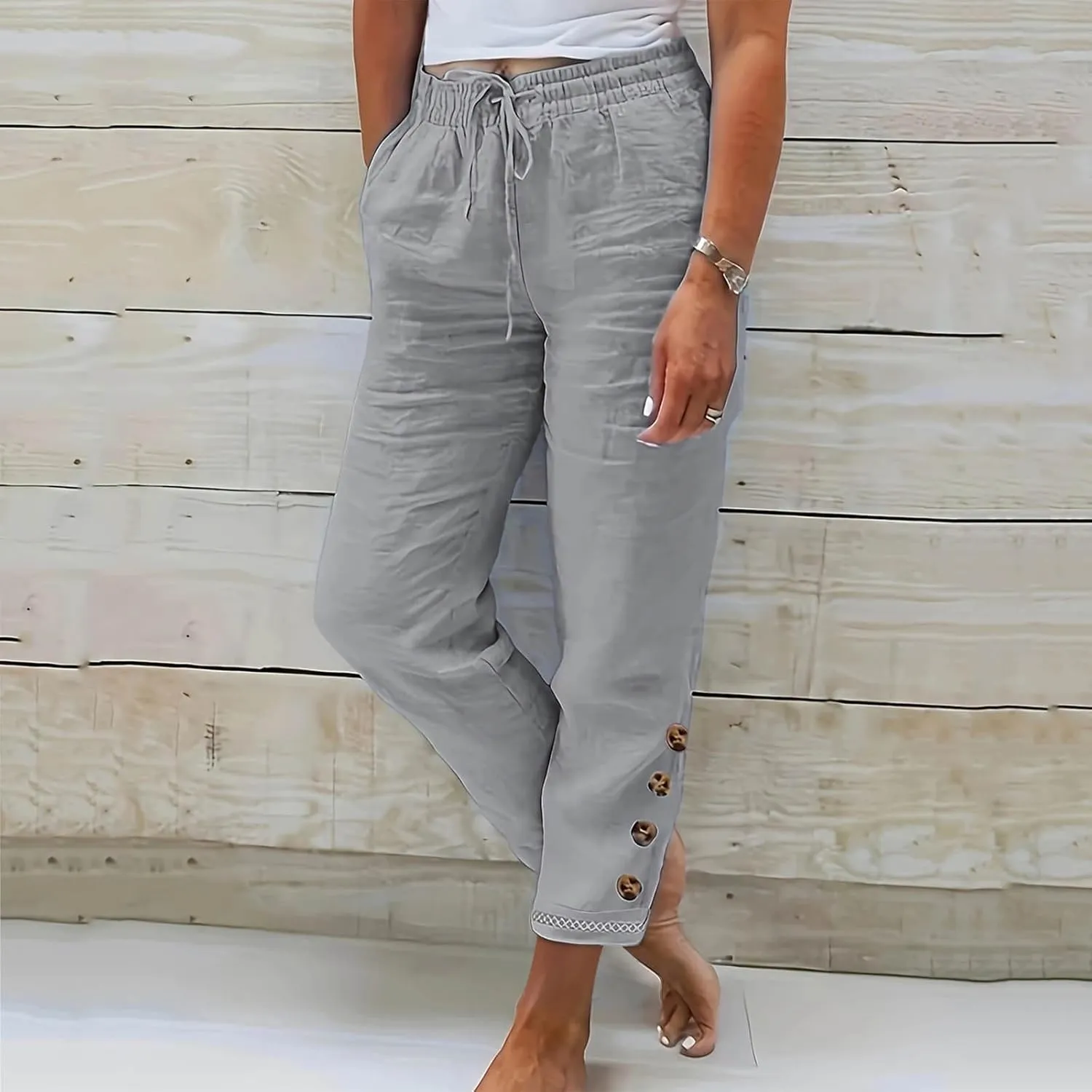 Cotton Linen Straight Leg Pants for Women Casual Drawstring Elastic Waist Trousers with Pockets Summer Lounge Pant