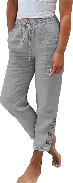 Cotton Linen Straight Leg Pants for Women Casual Drawstring Elastic Waist Trousers with Pockets Summer Lounge Pant