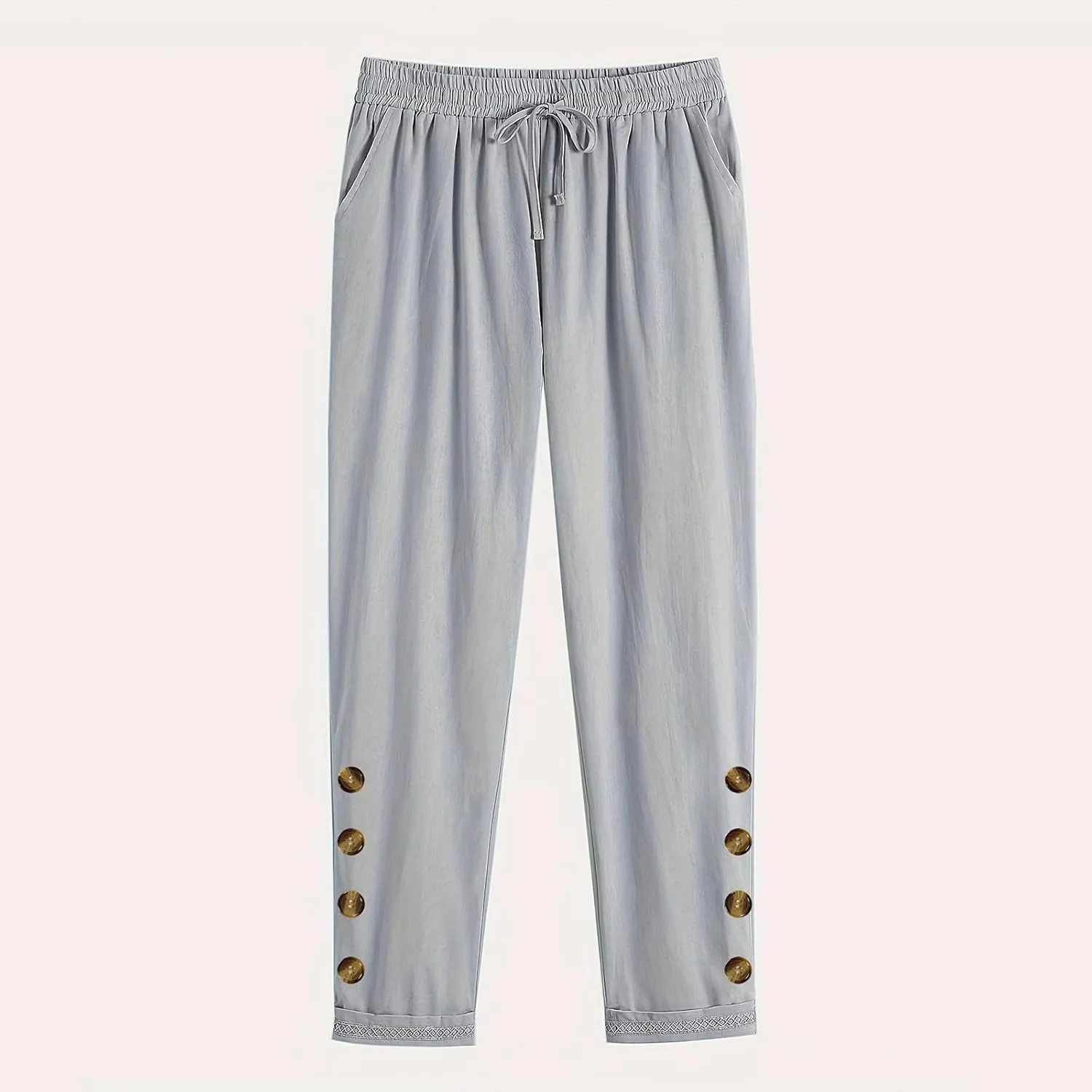 Cotton Linen Straight Leg Pants for Women Casual Drawstring Elastic Waist Trousers with Pockets Summer Lounge Pant