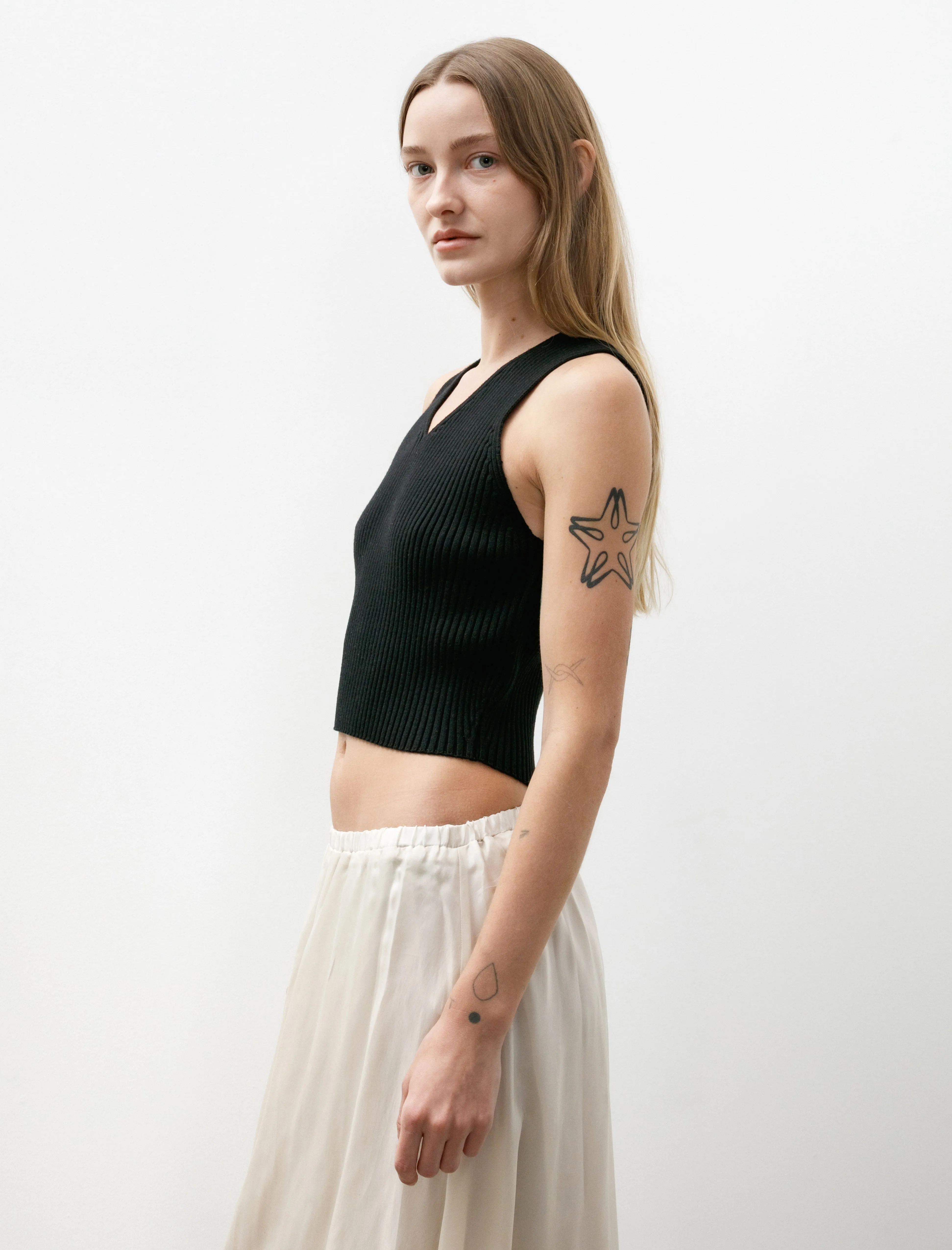 Cotton Silk Rib Knit V-Neck Vest Black
