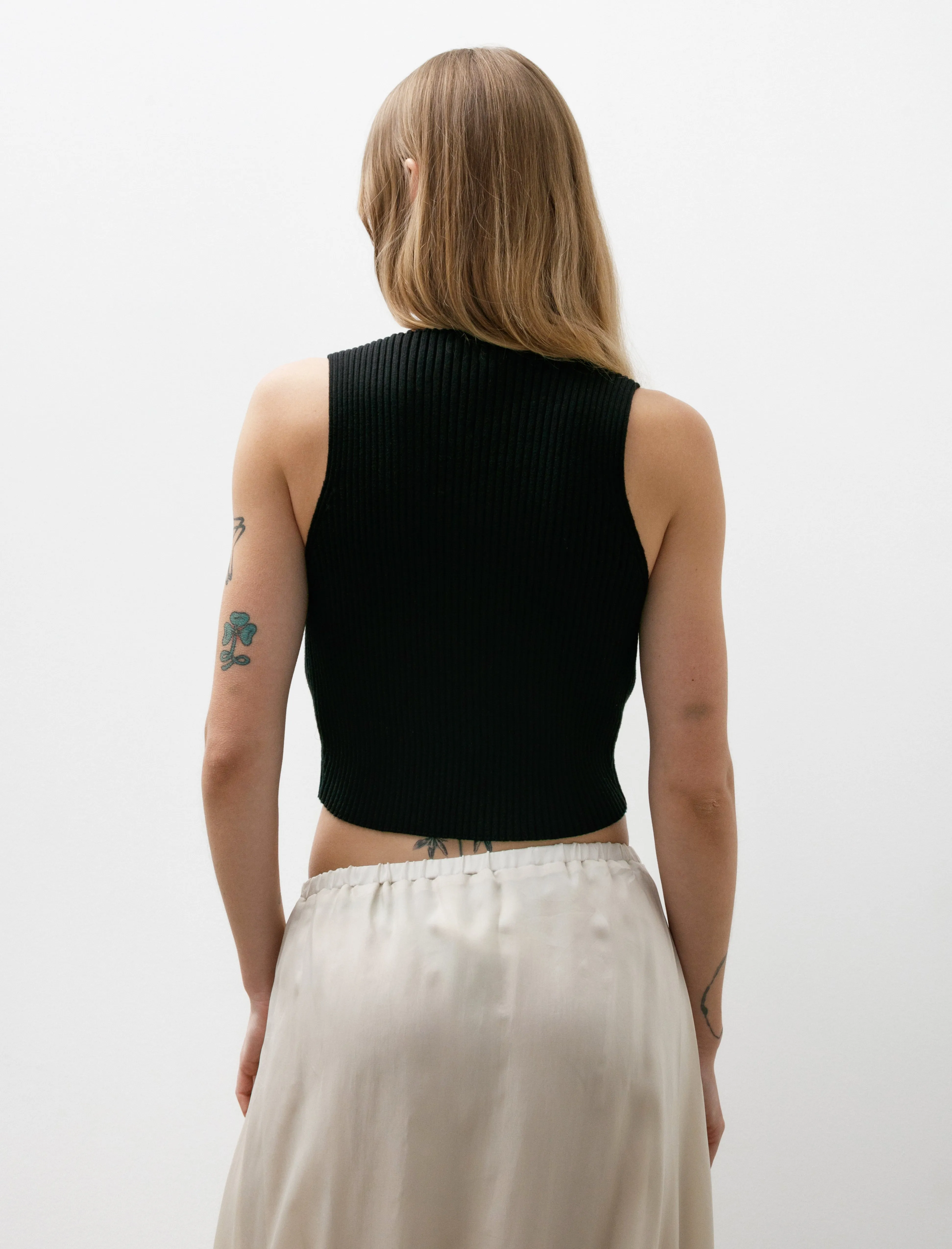 Cotton Silk Rib Knit V-Neck Vest Black
