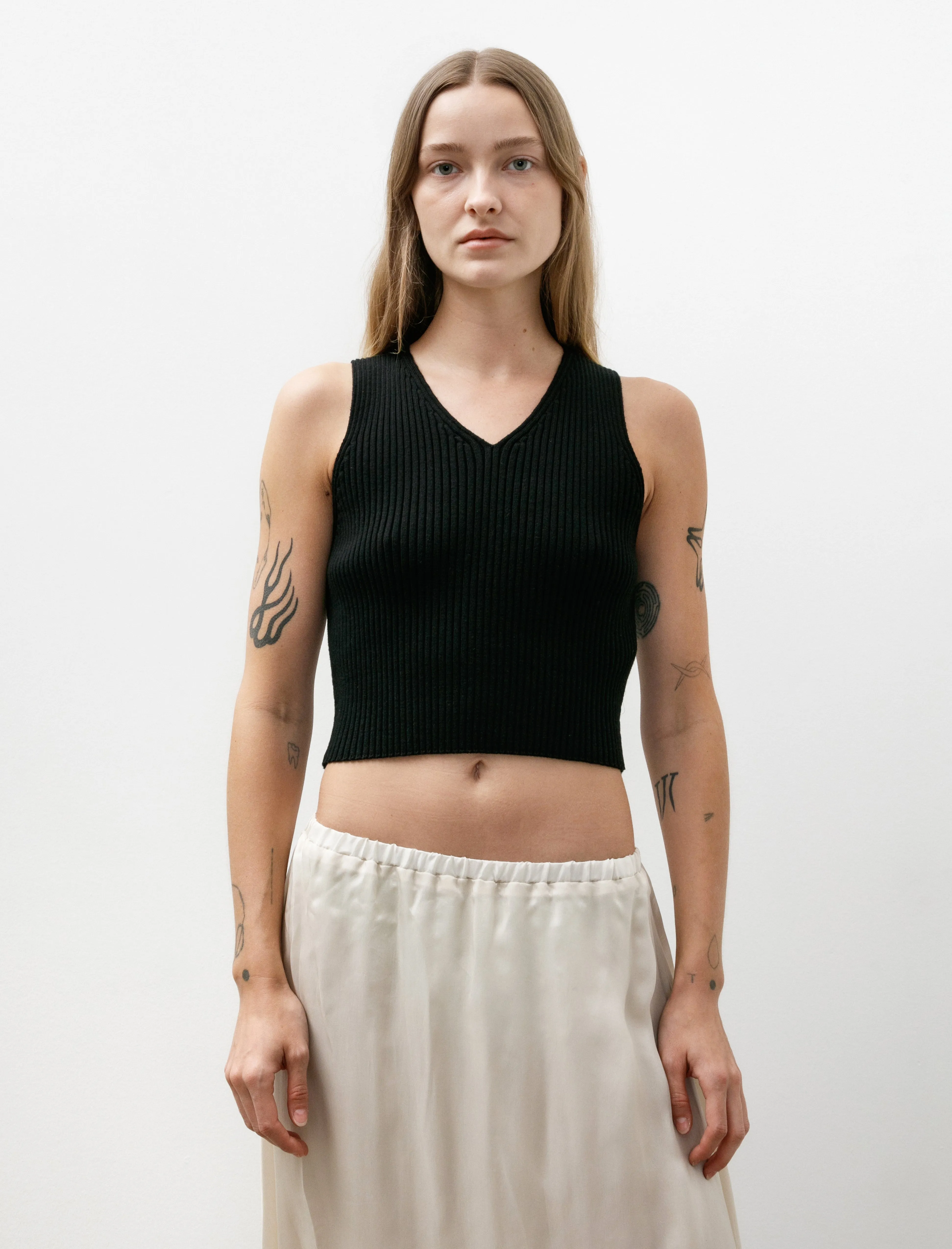 Cotton Silk Rib Knit V-Neck Vest Black