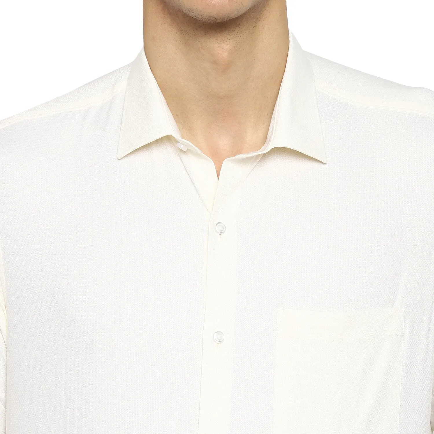 Cream Cotton Self Design Slim Fit Shirts