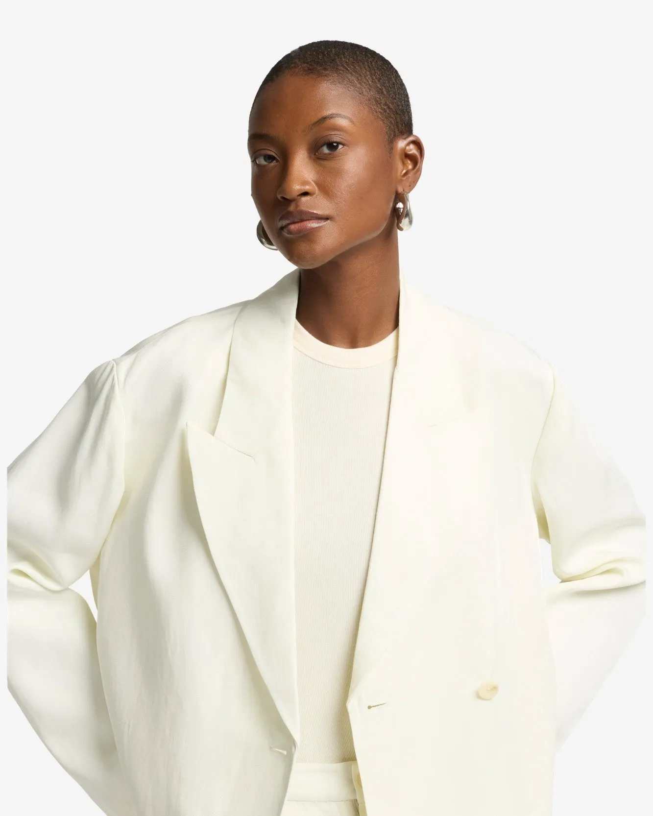 Cropped Linen Blend Blazer in Ivory