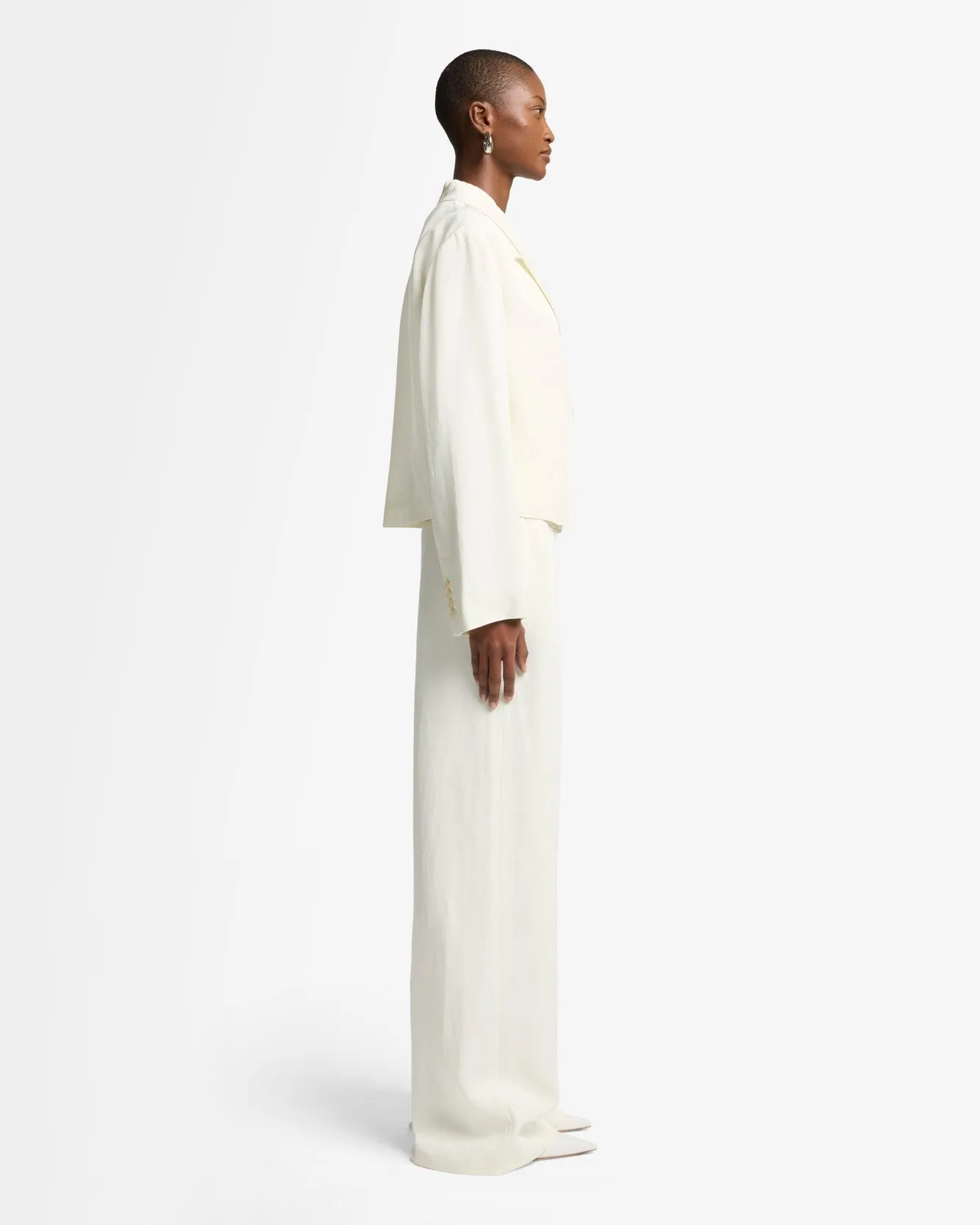 Cropped Linen Blend Blazer in Ivory