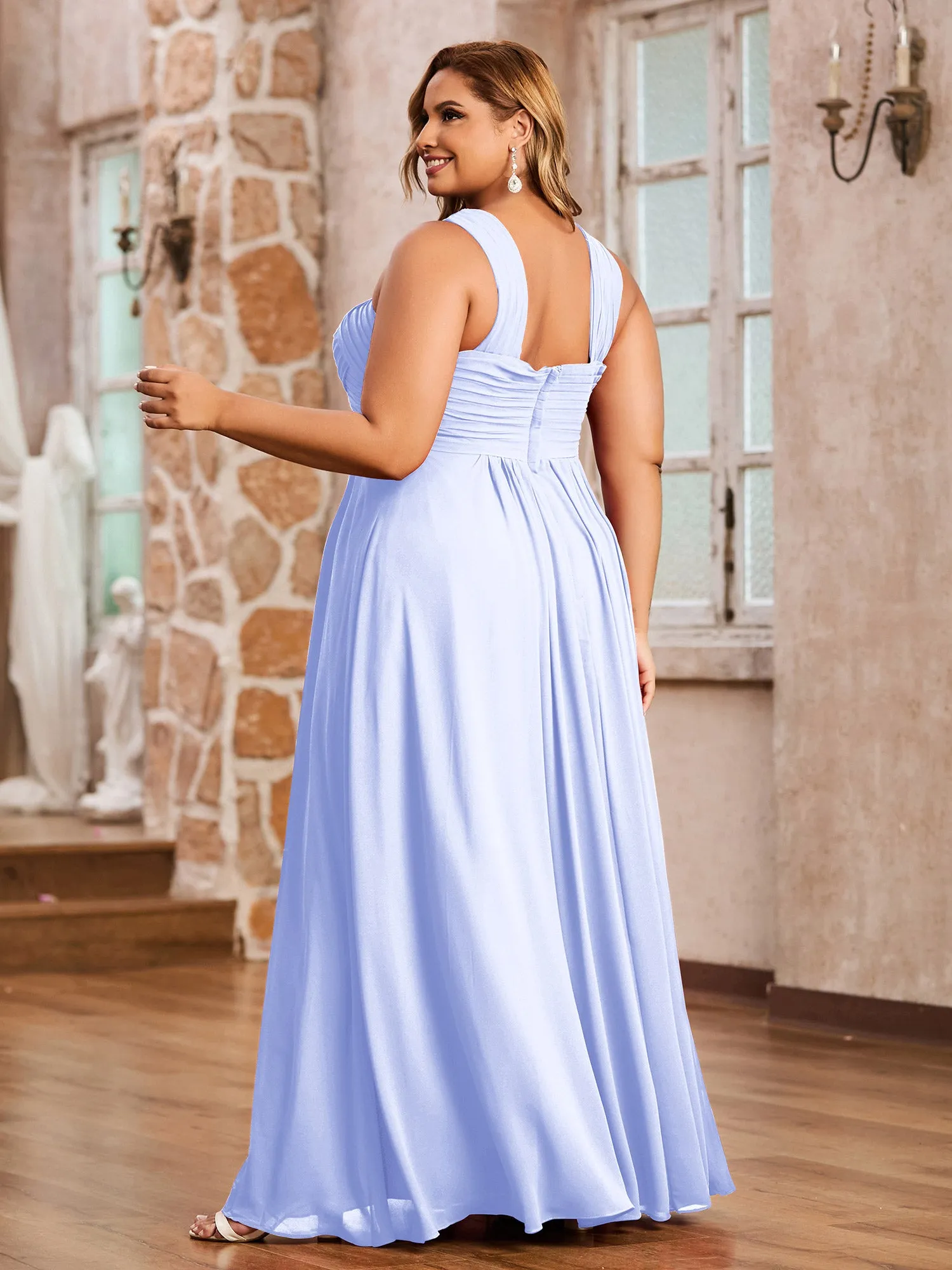 Cross Shoulder Strap Chiffon Dress with Empire Waist Lavender Plus Size