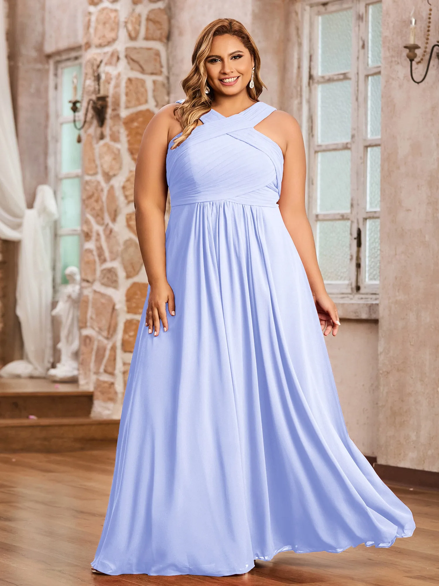 Cross Shoulder Strap Chiffon Dress with Empire Waist Lavender Plus Size