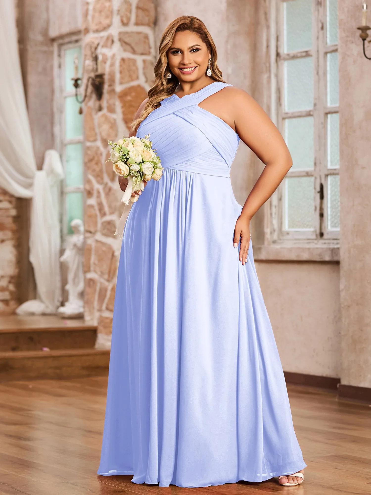 Cross Shoulder Strap Chiffon Dress with Empire Waist Lavender Plus Size