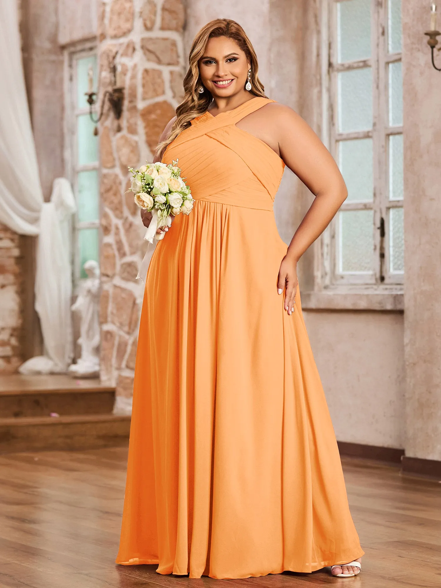 Cross Shoulder Strap Chiffon Dress with Empire Waist Orange Plus Size