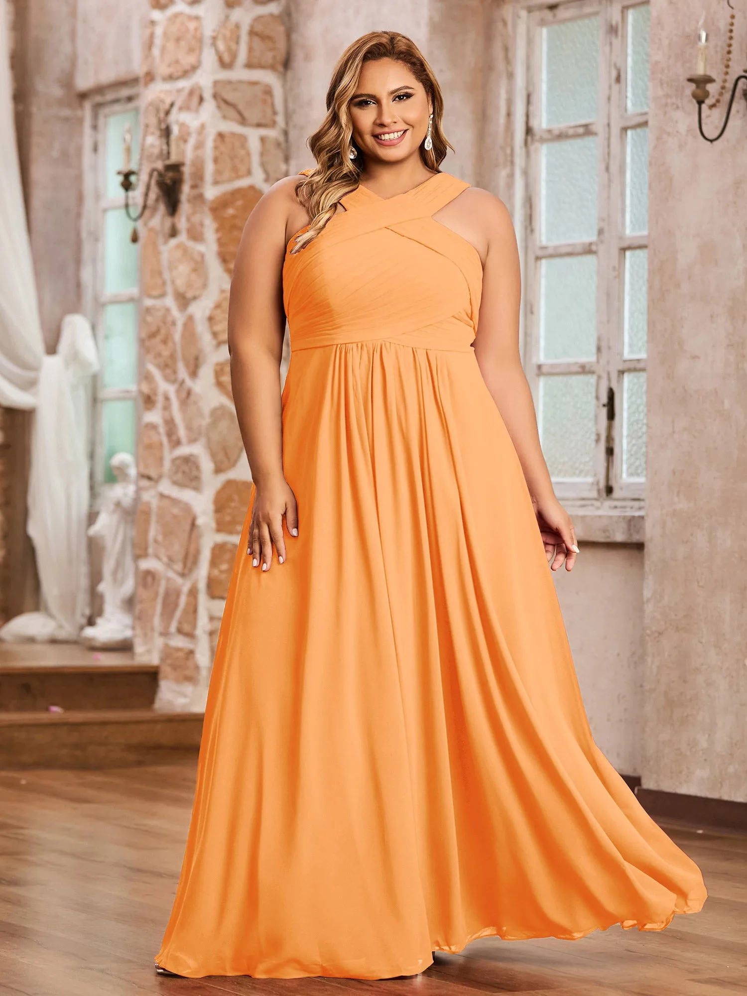 Cross Shoulder Strap Chiffon Dress with Empire Waist Orange Plus Size