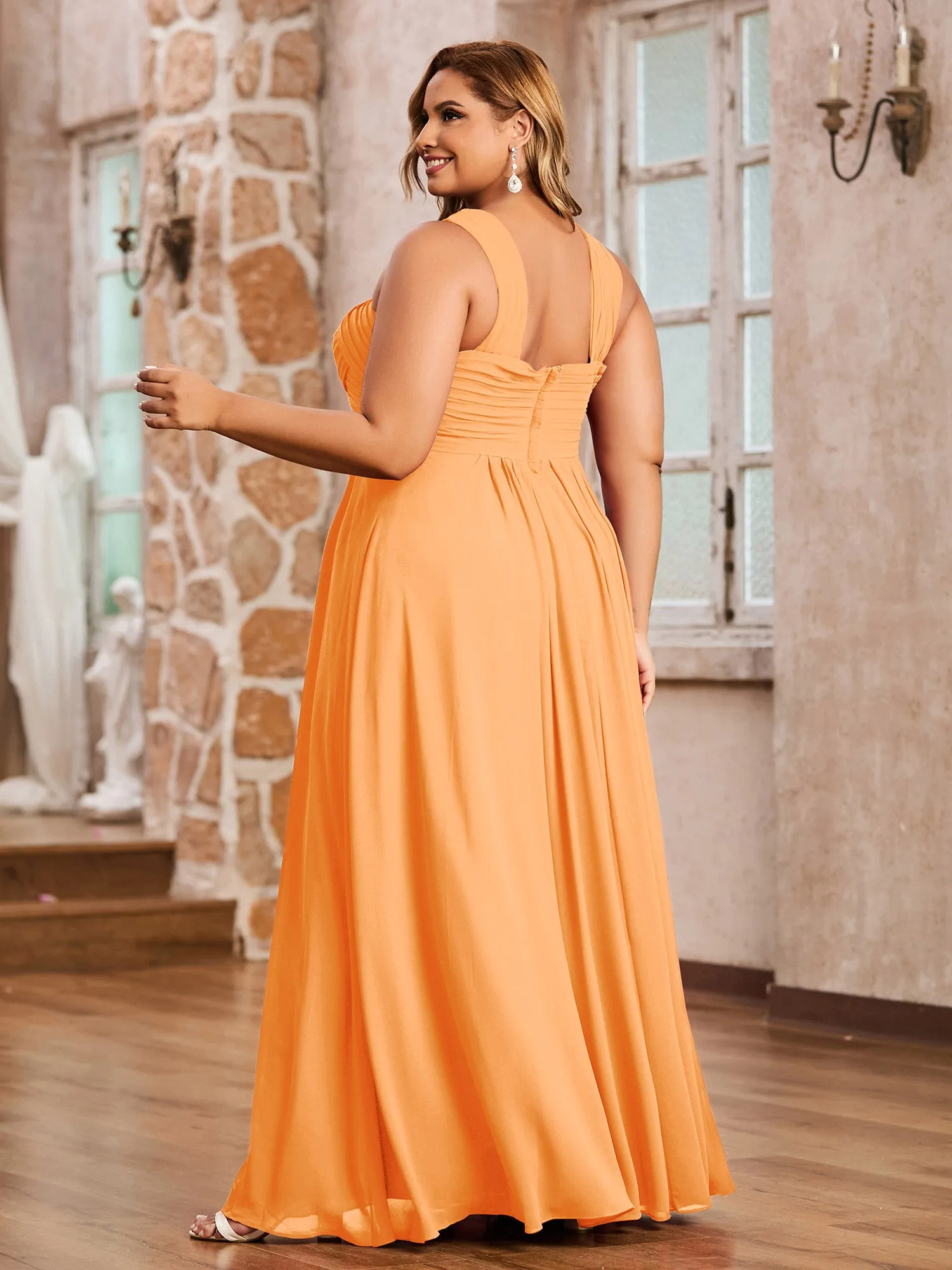 Cross Shoulder Strap Chiffon Dress with Empire Waist Orange Plus Size