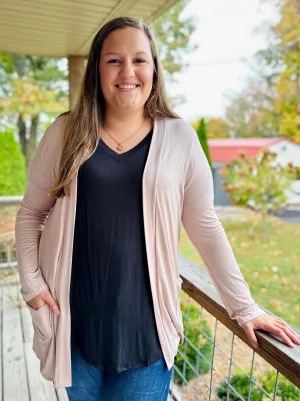 Curvy Taupe Casual Cardigan w/ Pockets