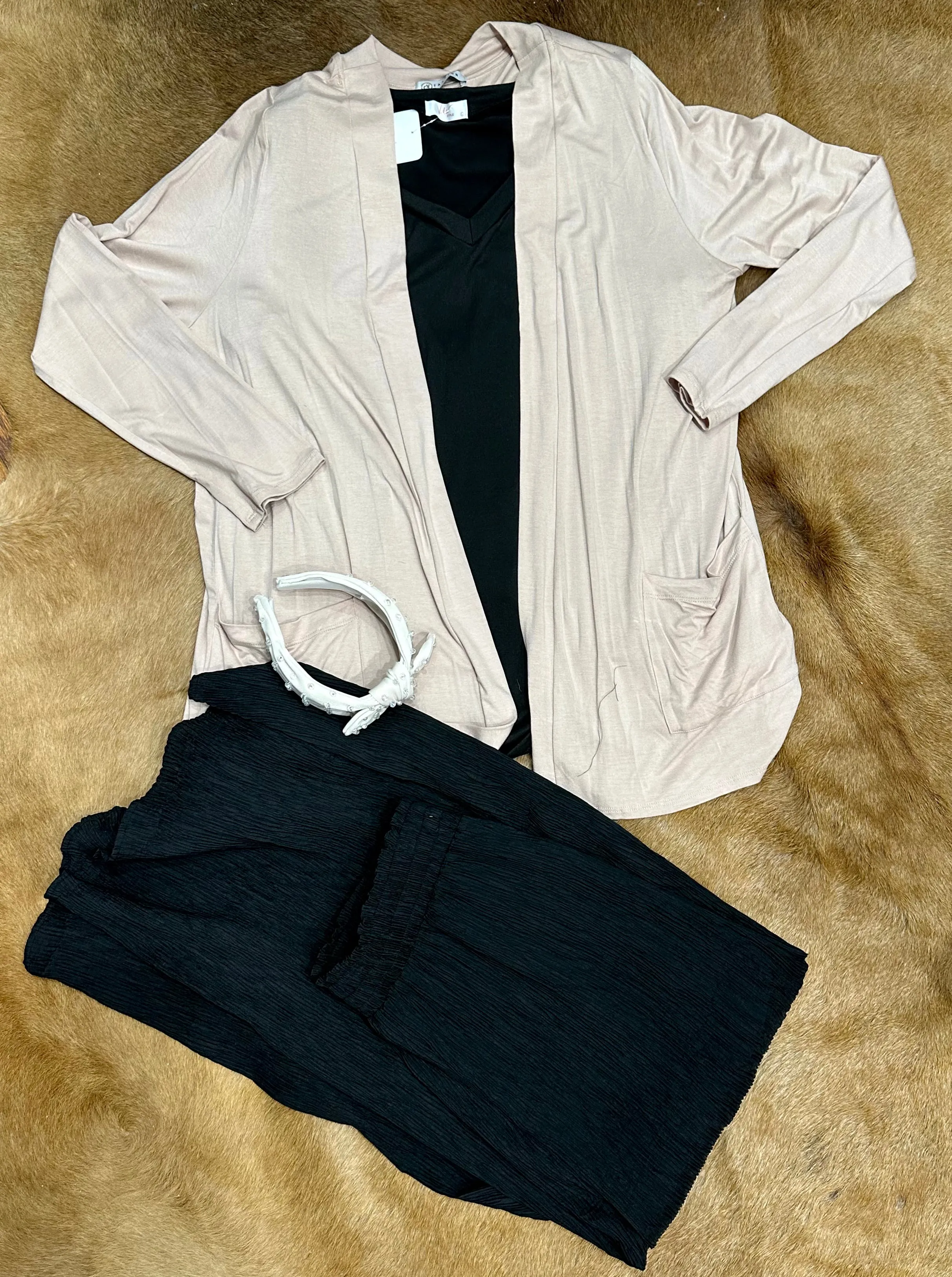 Curvy Taupe Casual Cardigan w/ Pockets