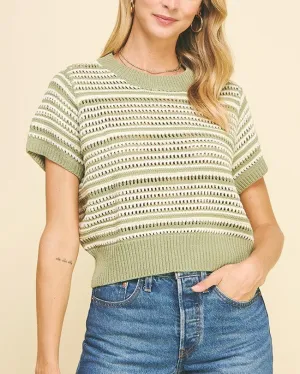 Eyelet Stripe Short Sleeve Sweater Top - Olive/Ivory