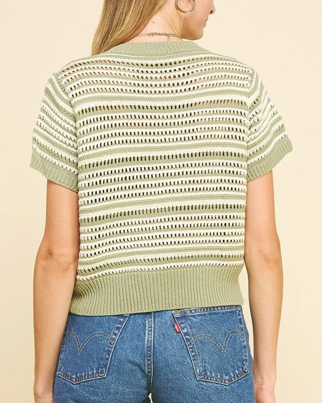 Eyelet Stripe Short Sleeve Sweater Top - Olive/Ivory