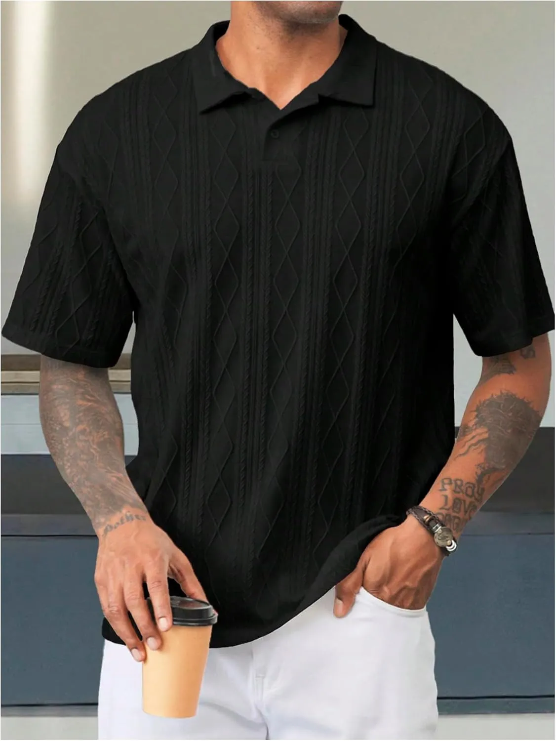 Floerns Men's Textured Knit Collared Shirt Short Sleeve Lightweight Golf Shirts