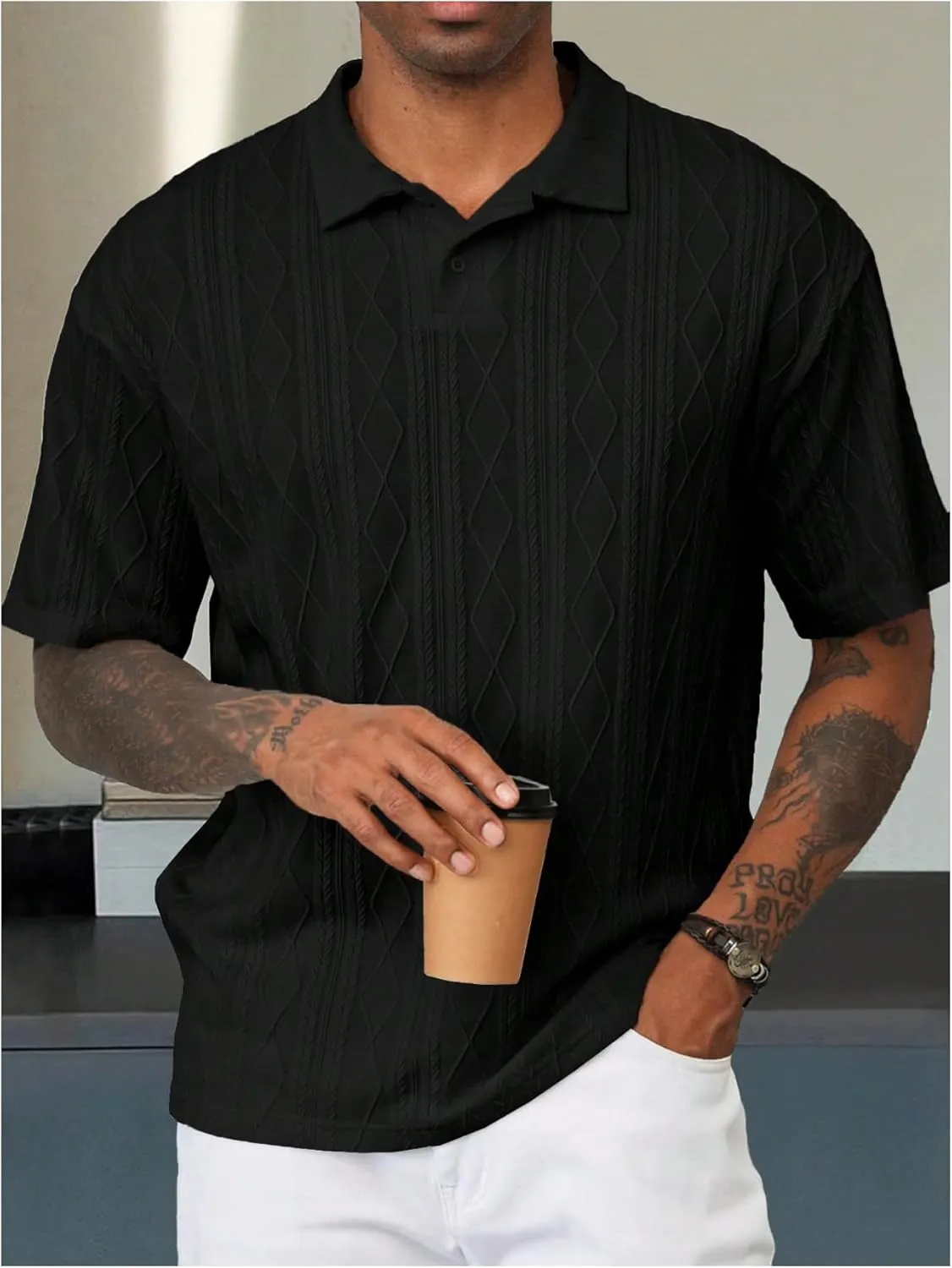 Floerns Men's Textured Knit Collared Shirt Short Sleeve Lightweight Golf Shirts
