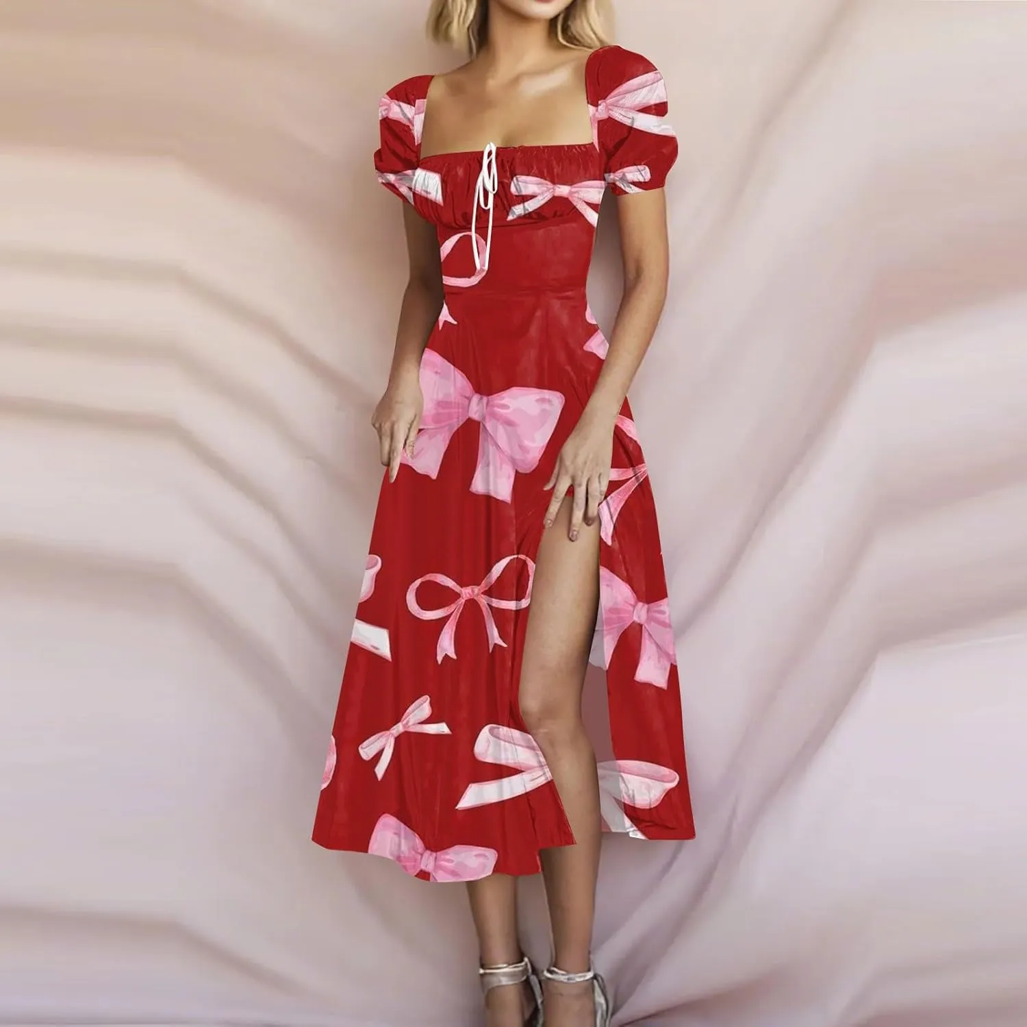 Floral Dresses for Women,Womens Puff Sleeve Midi Dress Elegant Square Neck Boho Flowy Summer Split Milkmaid Dress