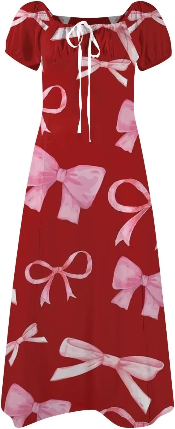 Floral Dresses for Women,Womens Puff Sleeve Midi Dress Elegant Square Neck Boho Flowy Summer Split Milkmaid Dress