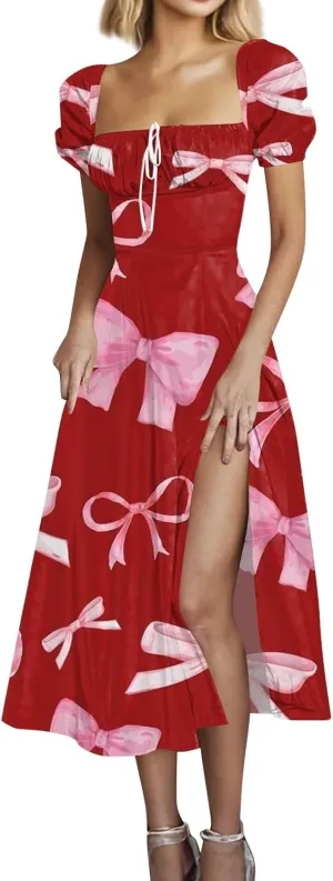 Floral Dresses for Women,Womens Puff Sleeve Midi Dress Elegant Square Neck Boho Flowy Summer Split Milkmaid Dress
