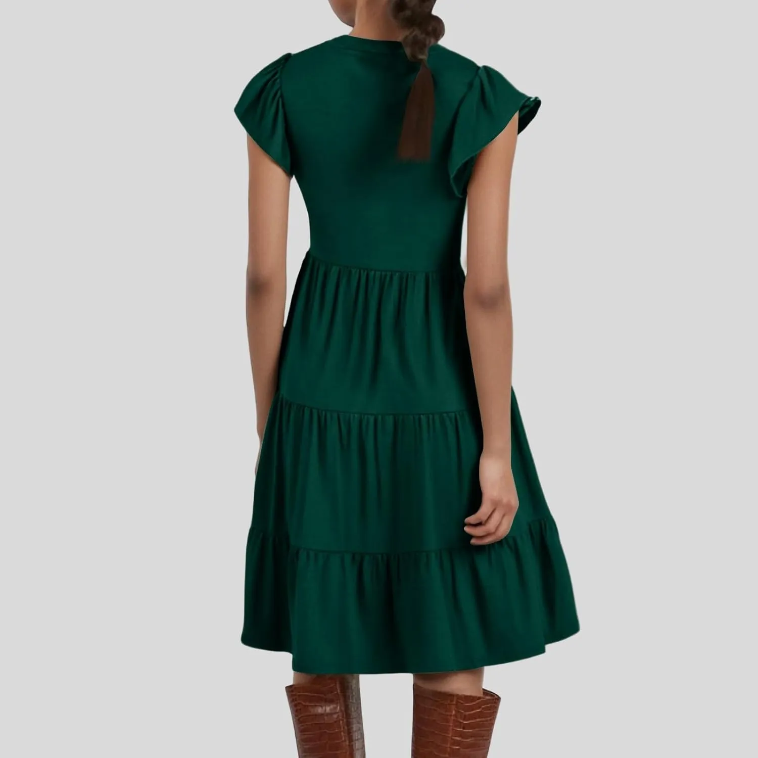 Flowy Swing Tiered Dress Women Summer V Neck Flutter Sleeve Dress with Pocket Vacation Casual Boho Beach Midi Dresses