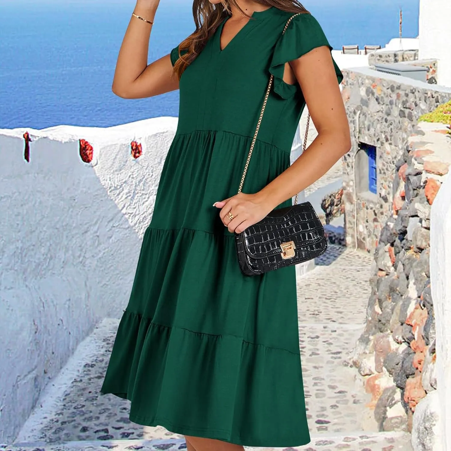 Flowy Swing Tiered Dress Women Summer V Neck Flutter Sleeve Dress with Pocket Vacation Casual Boho Beach Midi Dresses