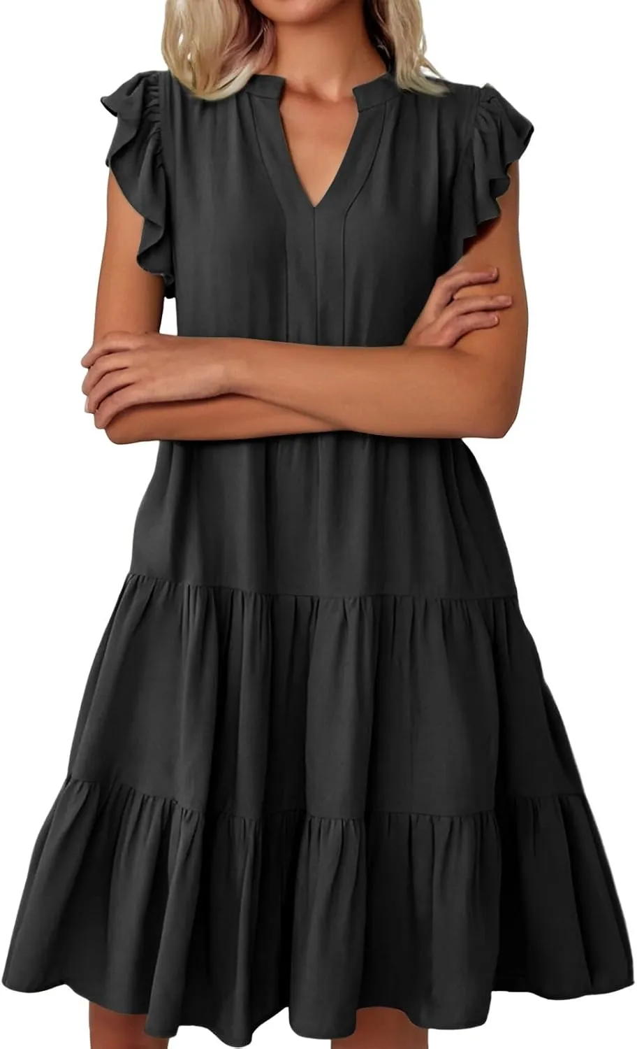 Flowy Swing Tiered Dress Women Summer V Neck Flutter Sleeve Dress with Pocket Vacation Casual Boho Beach Midi Dresses