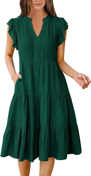 Flowy Swing Tiered Dress Women Summer V Neck Flutter Sleeve Dress with Pocket Vacation Casual Boho Beach Midi Dresses