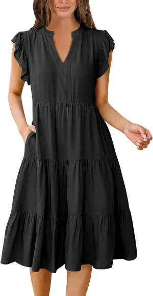 Flowy Swing Tiered Dress Women Summer V Neck Flutter Sleeve Dress with Pocket Vacation Casual Boho Beach Midi Dresses
