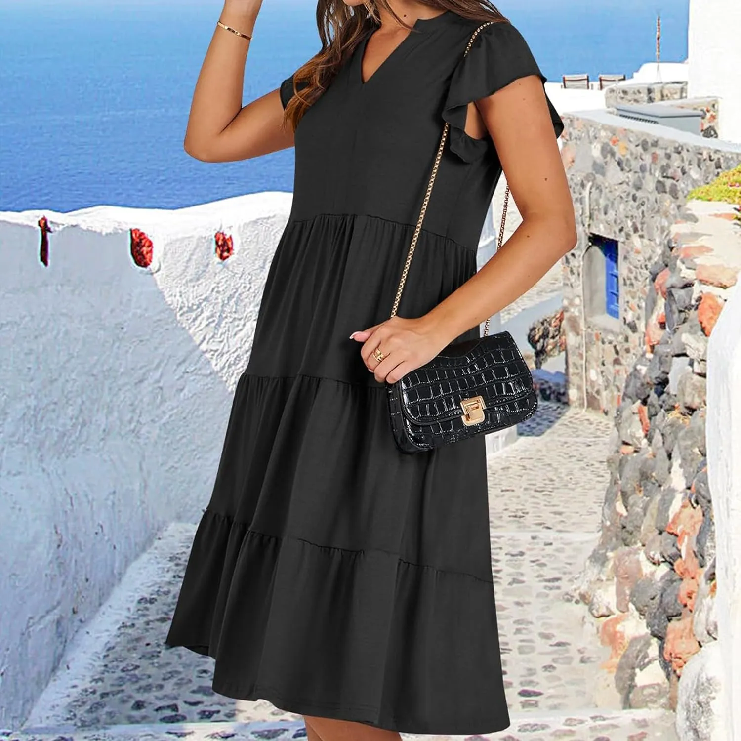 Flowy Swing Tiered Dress Women Summer V Neck Flutter Sleeve Dress with Pocket Vacation Casual Boho Beach Midi Dresses